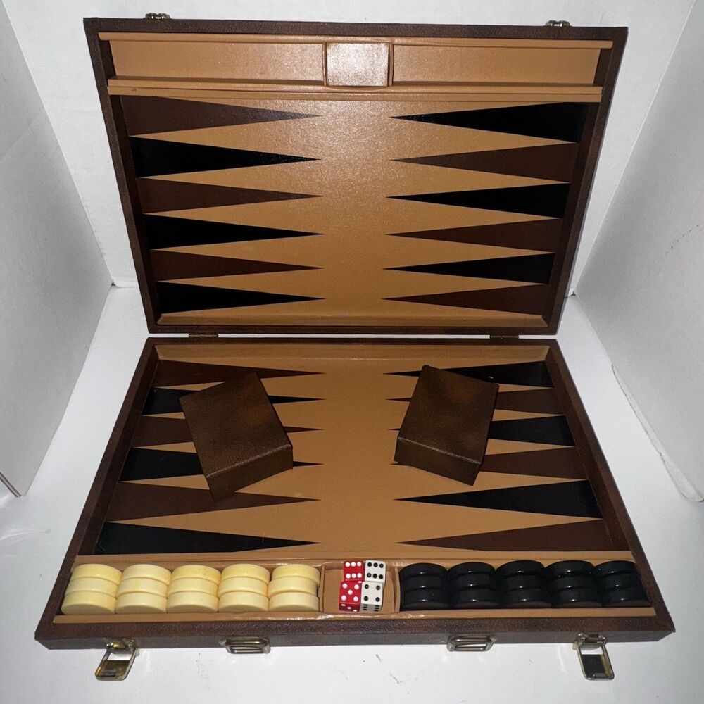 Vintage Full Size Backgammon Game Set Large Portable Brown Case Complete